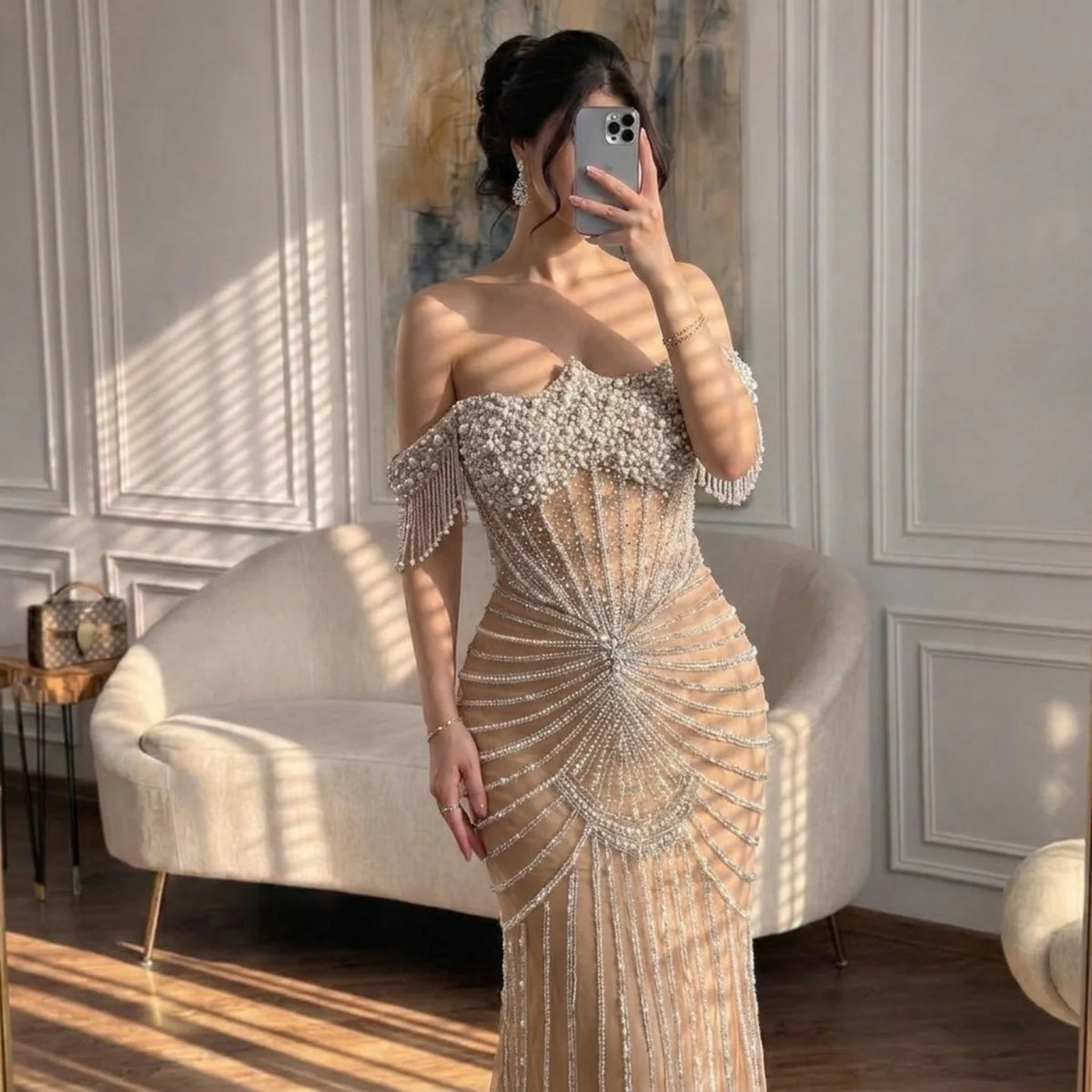 Serene Hill Red Mermaid Beaded Pearl Off Shoulder Party Gown For Women