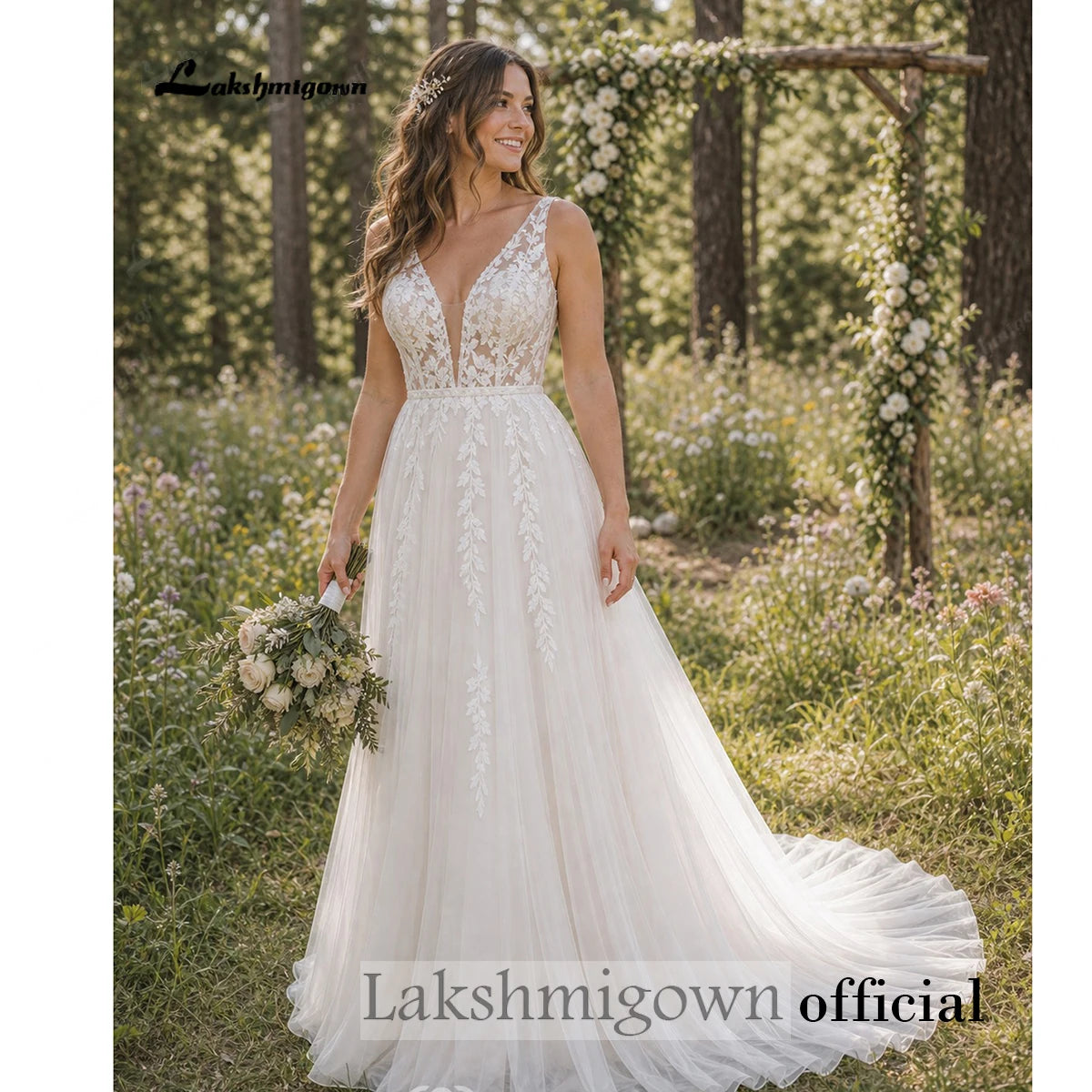 Custom Tulle Bridal Gown Deep V Neck Sleeveless Lace Appliques Wedding Dress
