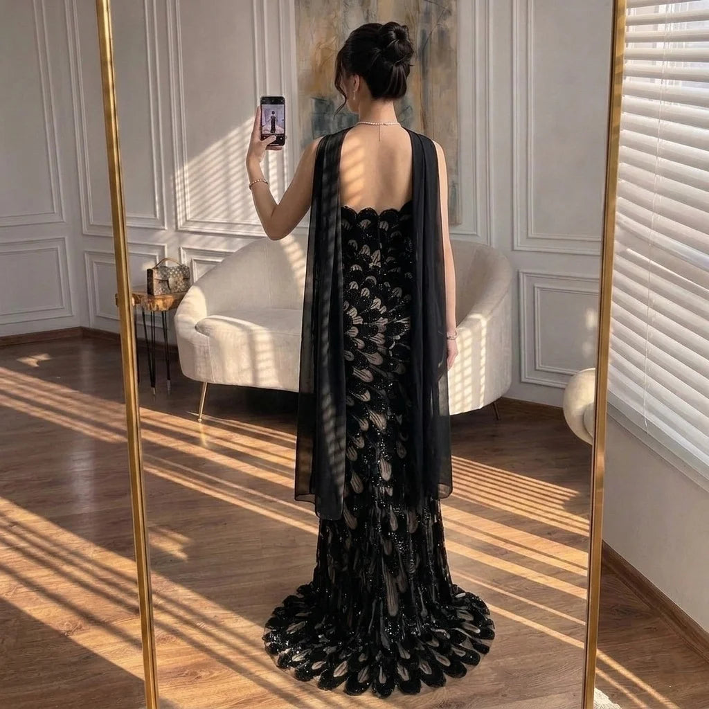 Serene Hill Black Strapless Mermaid Evening Dress With Scarf Formal Gown