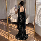 Serene Hill Black Strapless Mermaid Evening Dress With Scarf Formal Gown