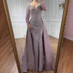 Blue Beaded Satin Evening Dress With Overskirt Long Sleeve Formal Gown