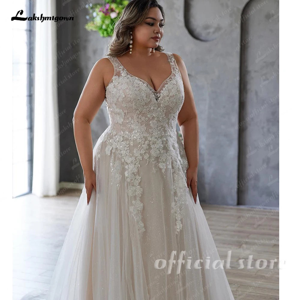 Custom Plus Size A Line Wedding Dress V Neck Tulle Appliques Bridal