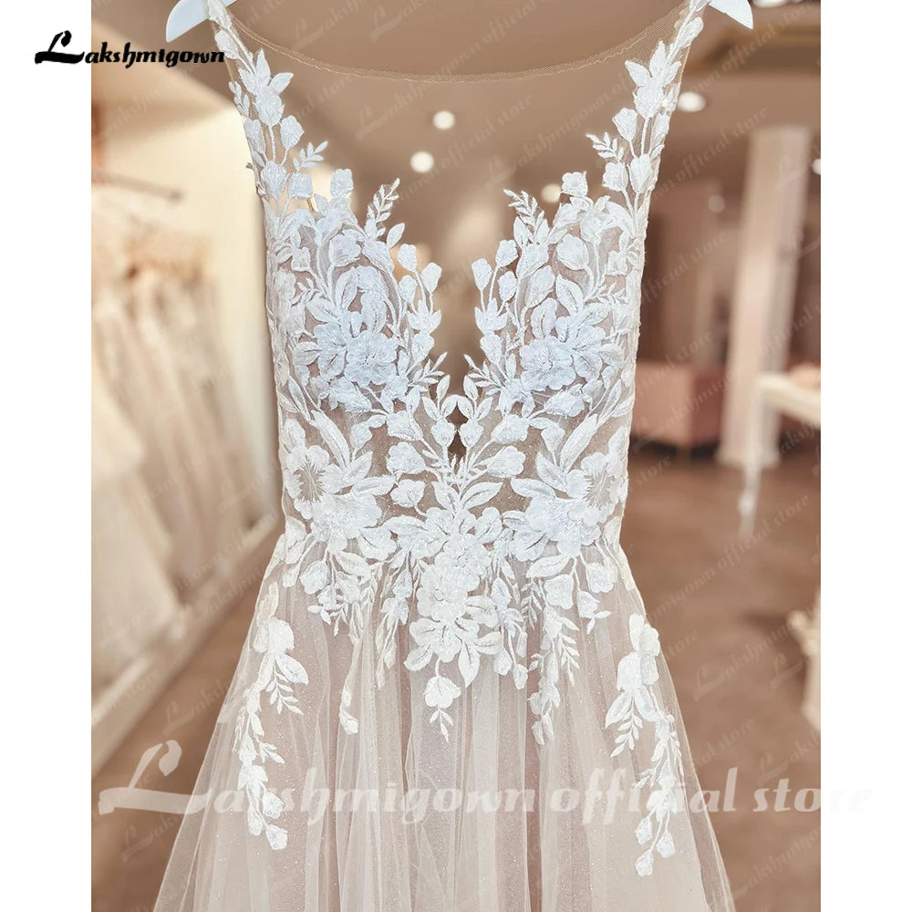 Lakshmigown Custom Illusion Backless Sleeveless Appliques Wedding Dress Bride