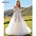 Ivory Floral Embroidery Off The Shoulder A Line Custom Made Wedding Dress