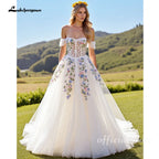 Ivory Floral Embroidery Off The Shoulder A Line Custom Made Wedding Dress