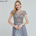 Women Custom Mermaid Evening Dress Beaded Short Sleeve Formal Gown