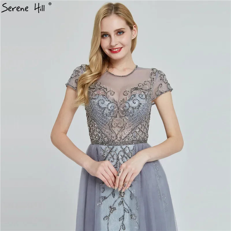 Women Custom Mermaid Evening Dress Beaded Short Sleeve Formal Gown