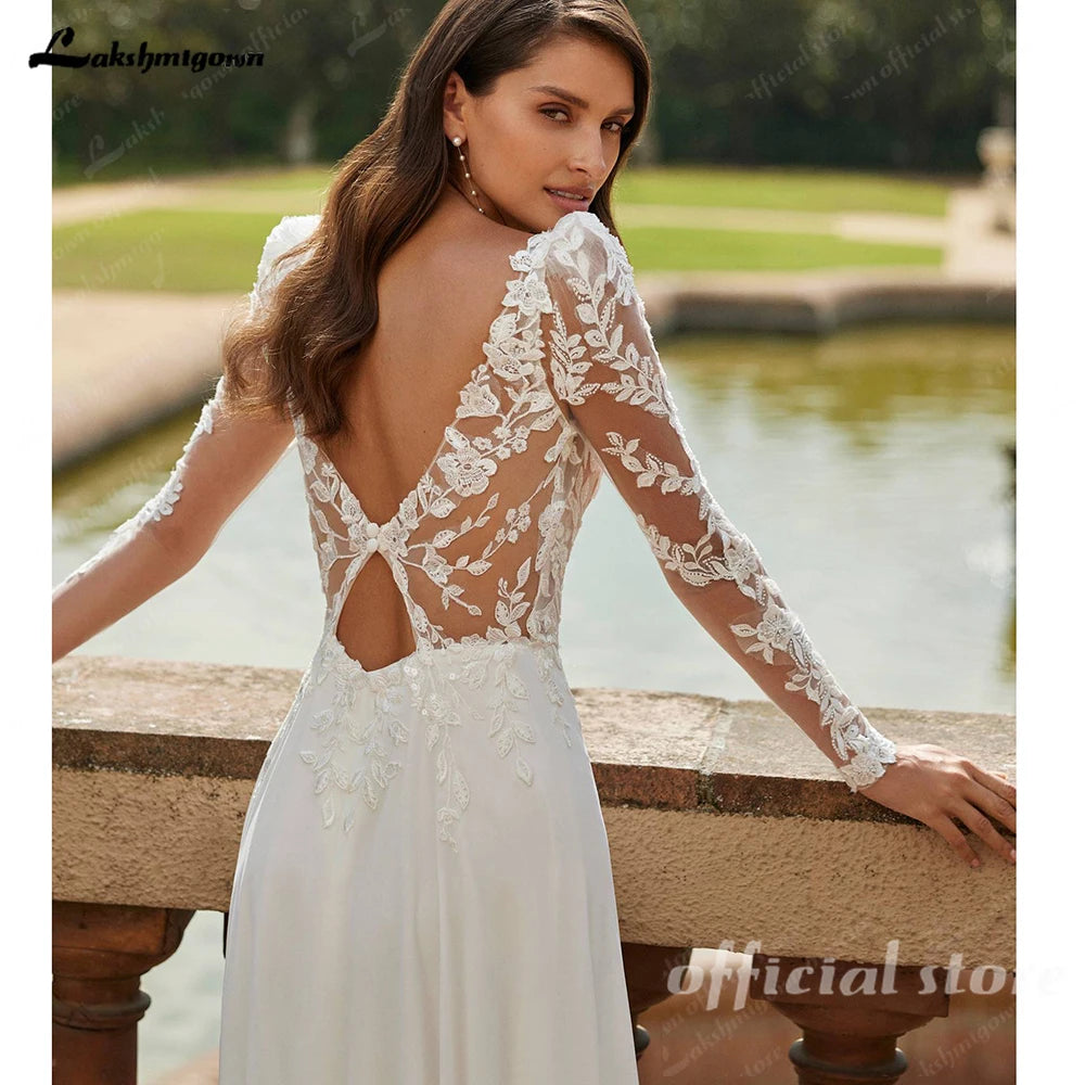 Lakshmigown Long Sleeve Boho Beach Wedding Dress Chiffon A Line Gown