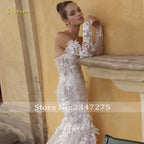 Custom Mermaid Wedding Dress Strapless Long Sleeve 3D Floral Bridal Gown
