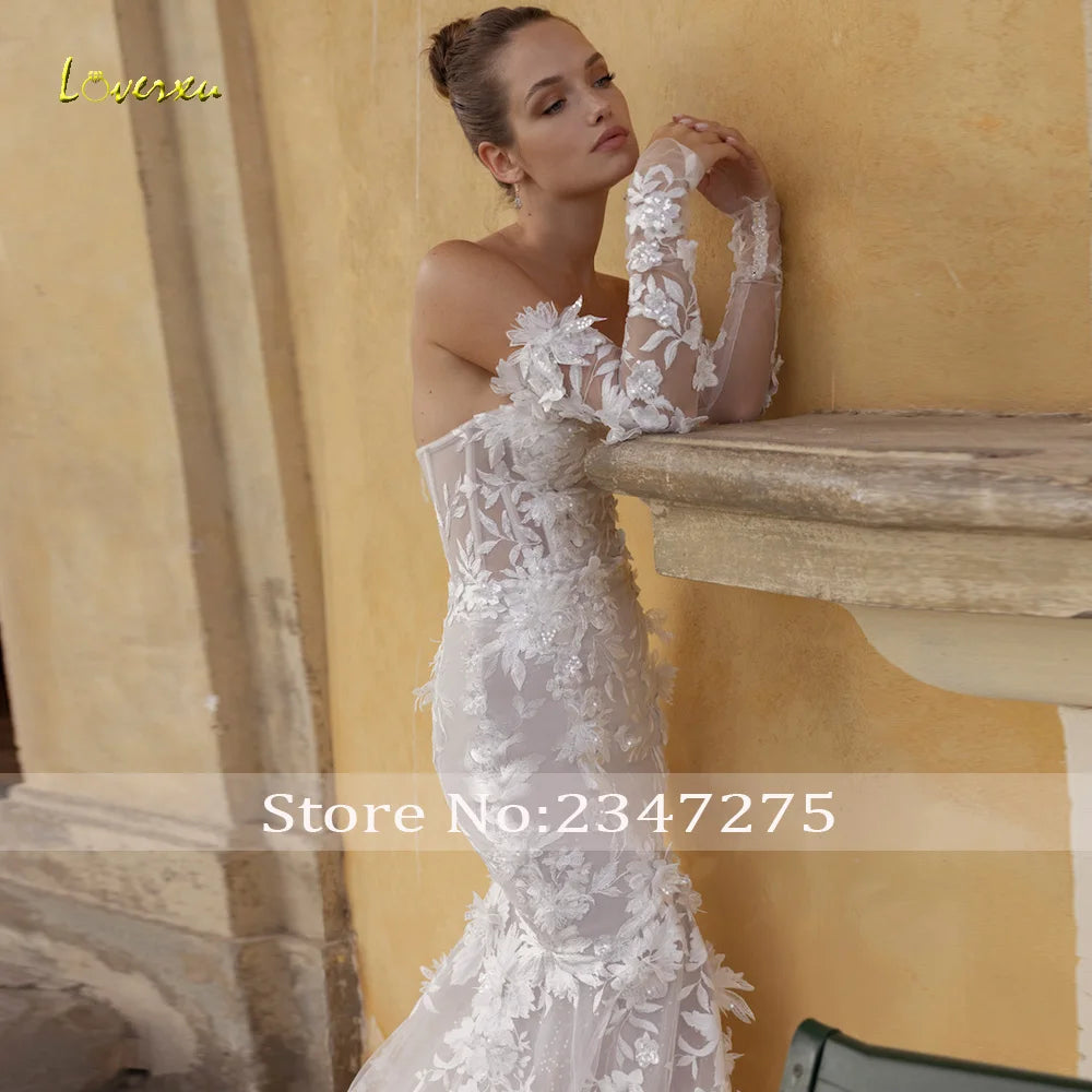 Custom Mermaid Wedding Dress Strapless Long Sleeve 3D Floral Bridal Gown