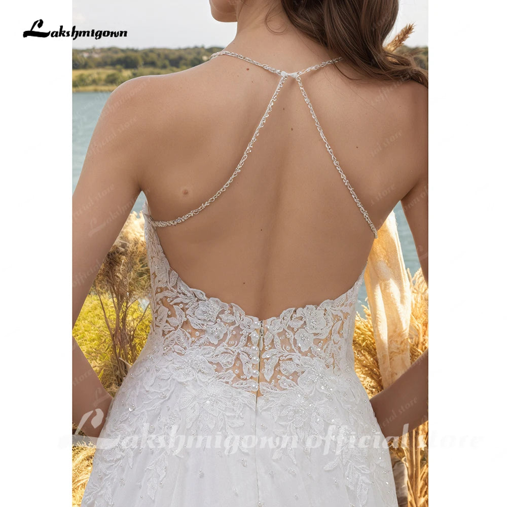 Custom Boho Wedding Dress Spaghetti Straps Lace Applique Tulle Bridal Gown