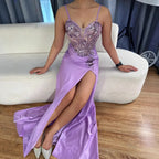 Classy Navy Satin Prom Dress with Lace Beaded and Slit LA73003