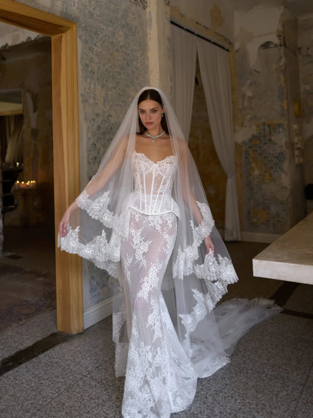 Custom Sequined Lace Corset Wedding Dress Illusion Mermaid Bridal Gown