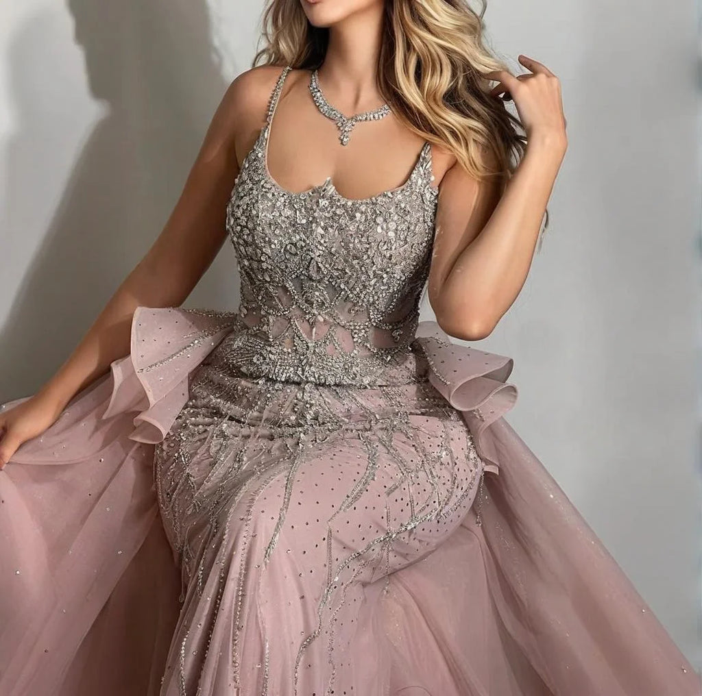 Pink Mermaid Evening Gown For Women With Beaded Spaghetti Strap And Overskirt