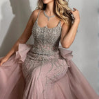 Pink Mermaid Evening Gown For Women With Beaded Spaghetti Strap And Overskirt