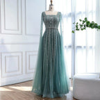 Women Turquoise Beaded Evening Gown Square Collar Cape Sleeves