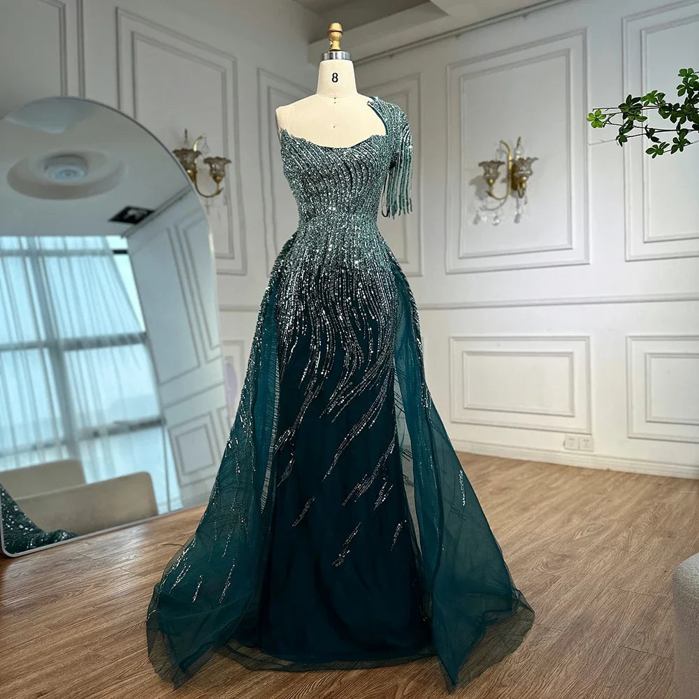 Vestido de noche verde lujoso con sobrefalda LA72979