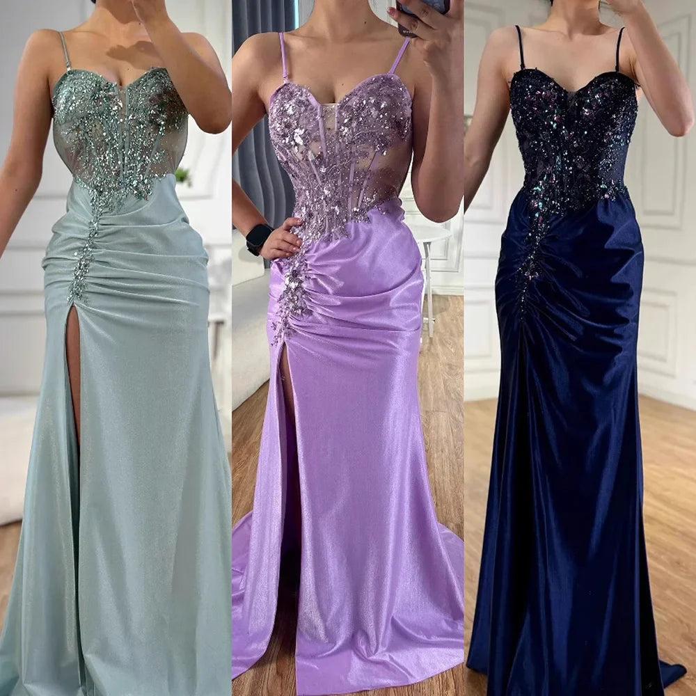 Classy Navy Satin Prom Dress with Lace Beaded and Slit LA73003