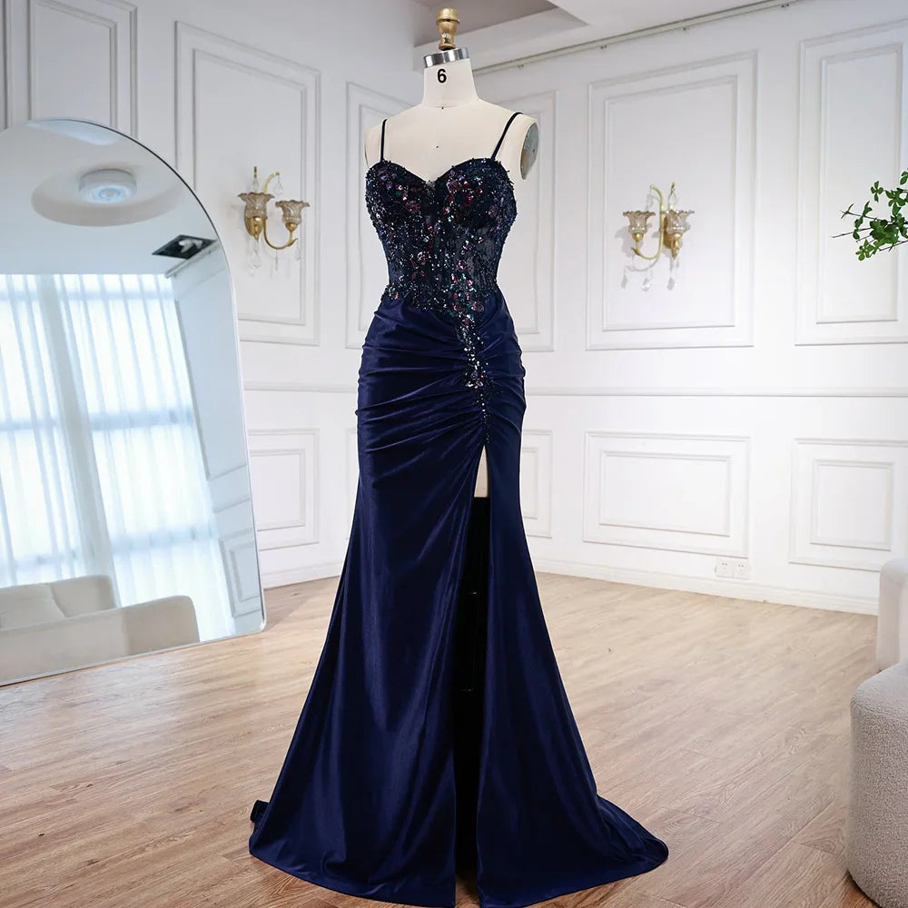 Classy Navy Satin Prom Dress with Lace Beaded and Slit LA73003
