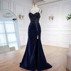 Classy Navy Satin Prom Dress with Lace Beaded and Slit LA73003