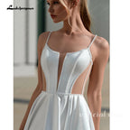 Customized Modern Satin Wedding Dress With High Slit And Sweep Train Design