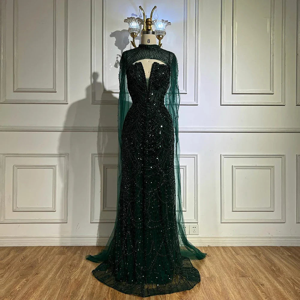 Luxury Evening Dress Nude Pearls Beaded Gown With Tulle Train LA72189A