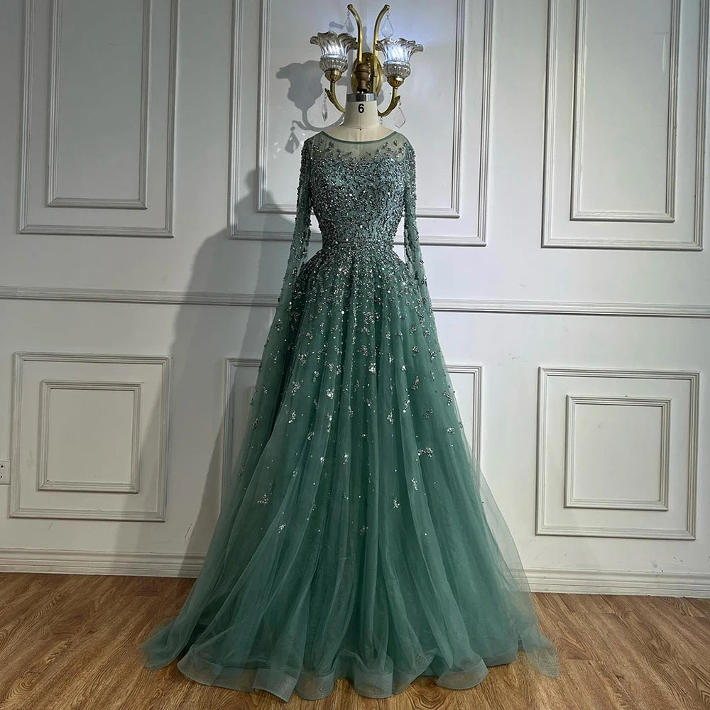 Turquoise A Line Beaded Evening Dress With Cape Sleeves For Women Formal