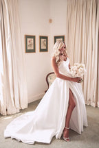 Custom Satin A Line Wedding Dress Appliqued Pleated Side Slit Sweetheart