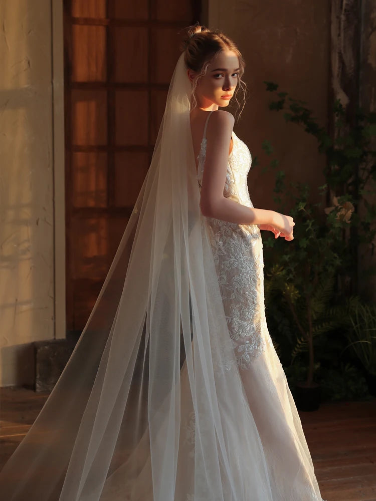 White One Layer Bridal Veil Long Train Tulle Wedding Veil With Comb