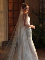 White One Layer Bridal Veil Long Train Tulle Wedding Veil With Comb