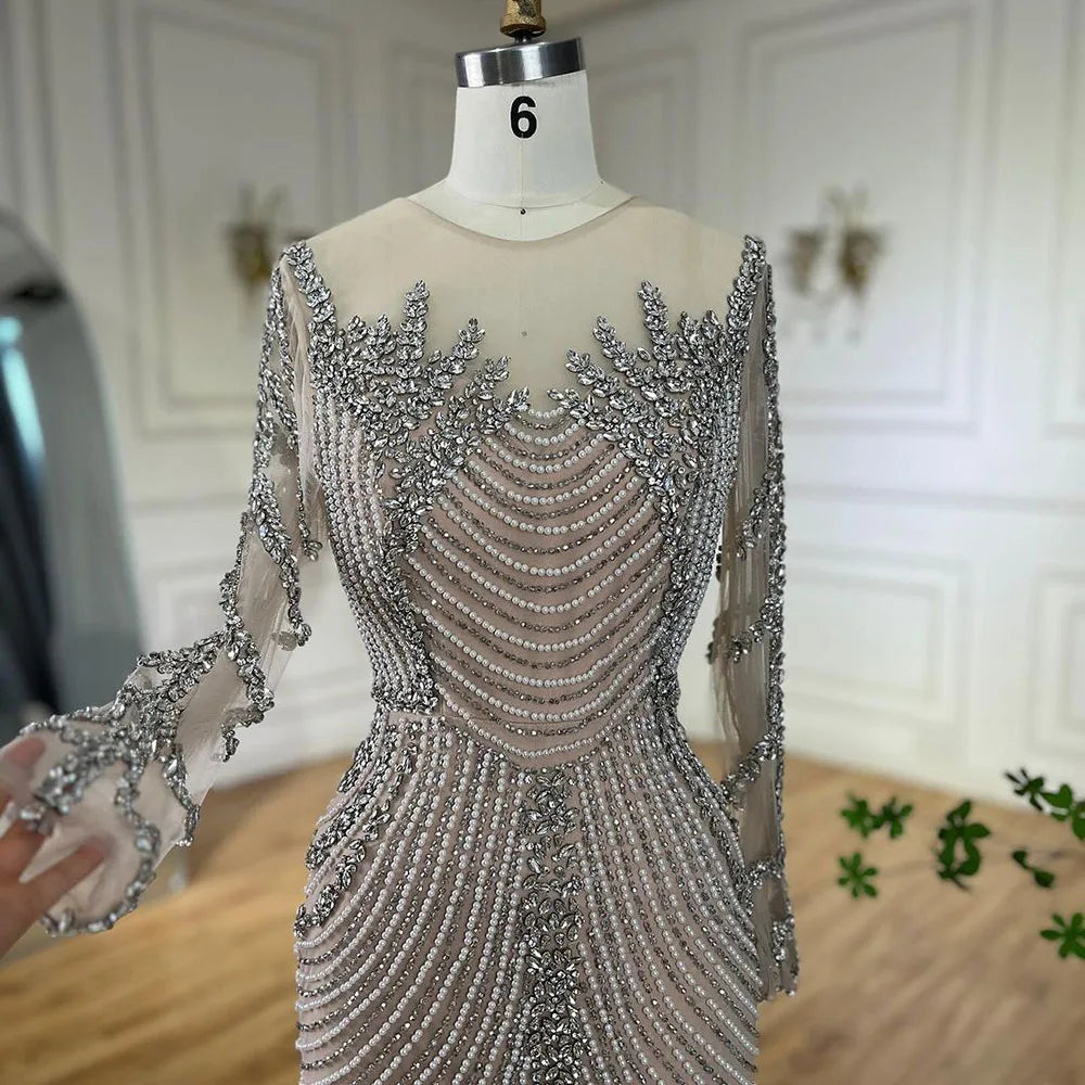 Customized Nude Long Sleeves Beaded Evening Dress With Pearl Gown For Women