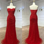 Custom Red Strapless Mermaid Wedding Gown With Pearl Beaded Cape Dress