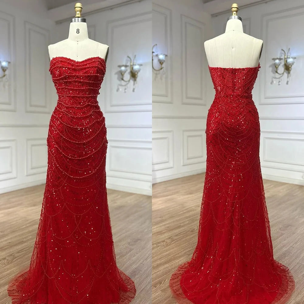 Custom Red Strapless Mermaid Wedding Gown With Pearl Beaded Cape Dress