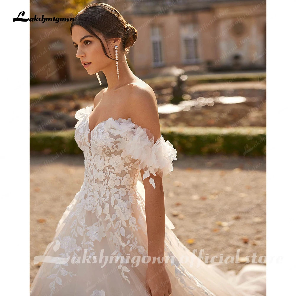 Customized Sweetheart Tulle Wedding Dress Sequins Lace Off Shoulder Bridal Gown