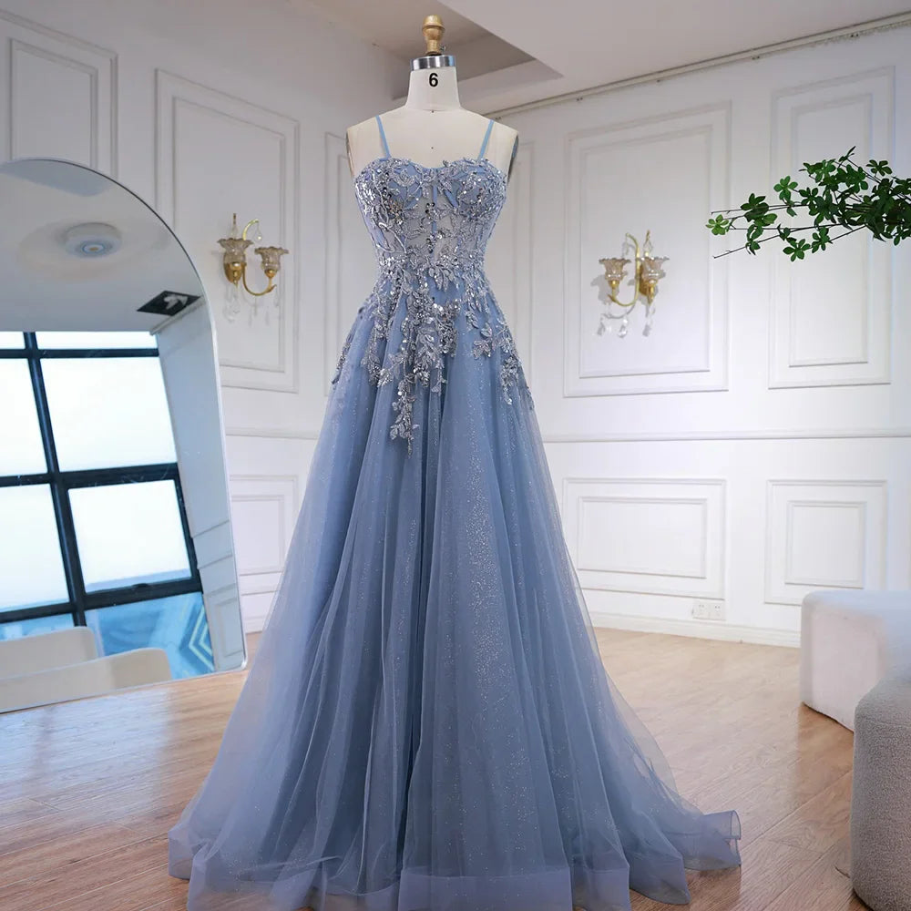 Luxury Gray Tulle A Line Prom Dress with Floral Appliques LA73015
