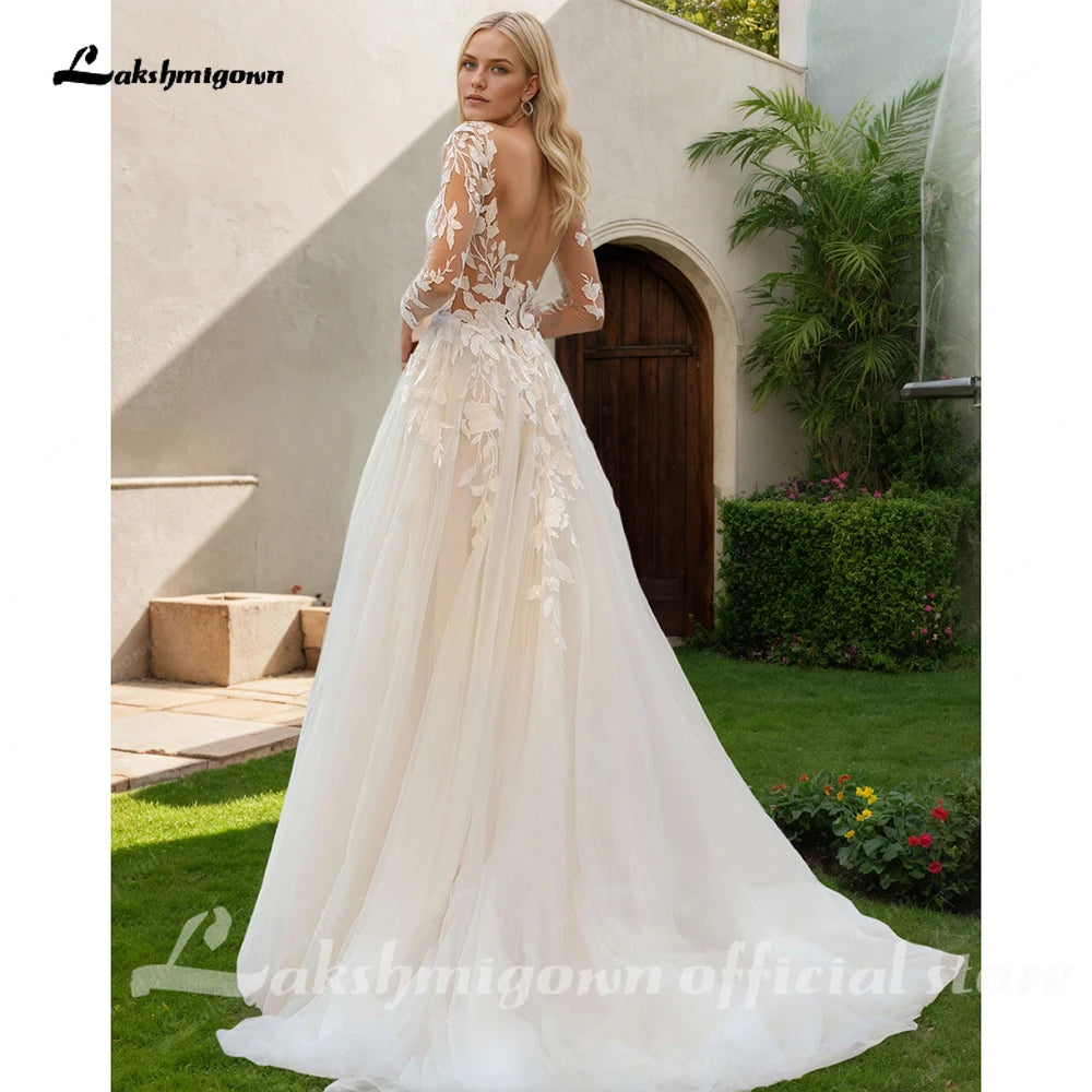 Custom A Line Wedding Dress Tulle Long Sleeve O Neck Applique Bridal Gown