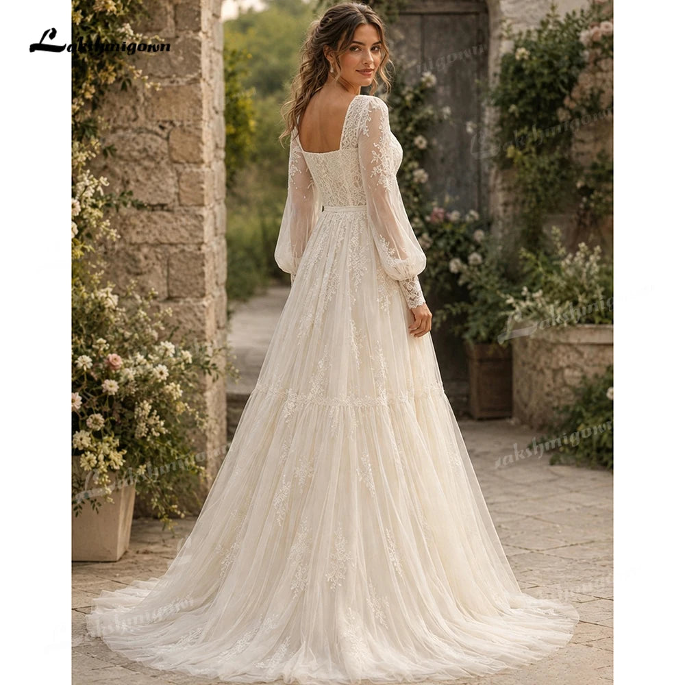 Vintage Square Neck Puff Sleeve Boho Lace Wedding Dress Custom