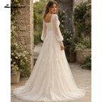 Vintage Square Neck Puff Sleeve Boho Lace Wedding Dress Custom