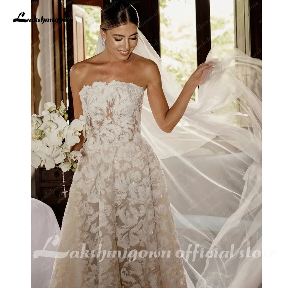 Lakshmigown Floral Lace A Line Strapless Custom Wedding Dress