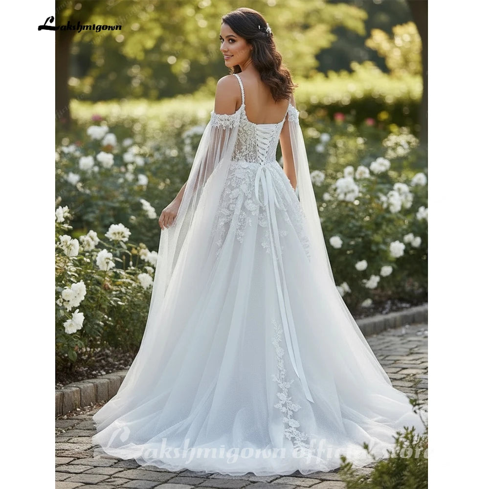 Custom Lace Spaghetti Strap Bridal Gown With Detachable Cape For Brides