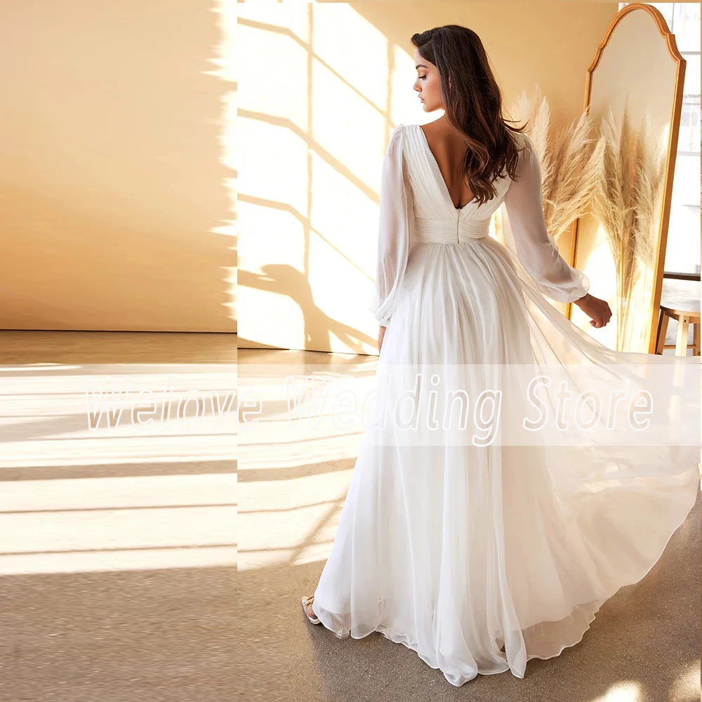 Plus Size Chiffon Wedding Dress With Long Sleeve V Neck And Open Back