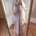 Customized Pink Mermaid Evening Dress Long Sleeve Beaded Gown