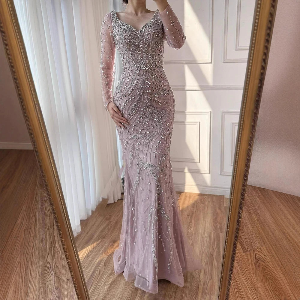 Customized Pink Mermaid Evening Dress Long Sleeve Beaded Gown