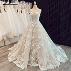 Luxury Champagne Lace Spaghetti Straps Wedding Dress For Bride