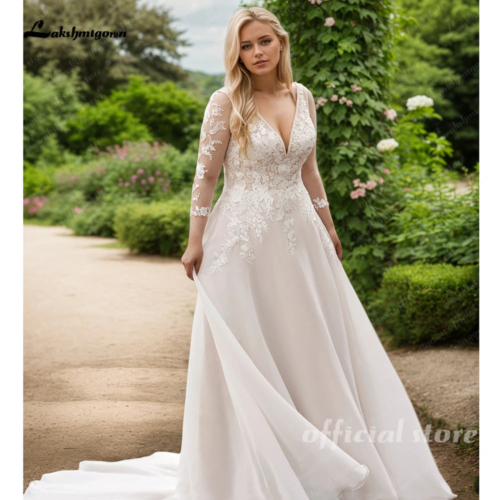 Custom Plus Size Wedding Dress Long Sleeves A Line Lace Applique Gown