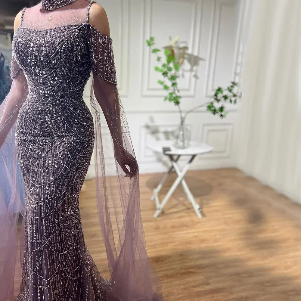 Serene Hill Custom Purple Mermaid Beaded Evening Dress With Cape Sleeves 2025