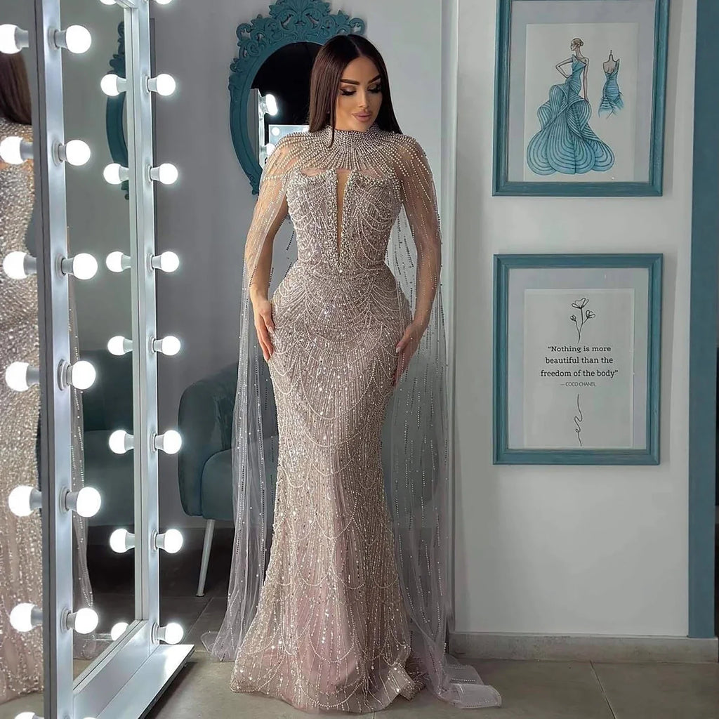 Luxury Evening Dress Nude Pearls Beaded Gown With Tulle Train LA72189A