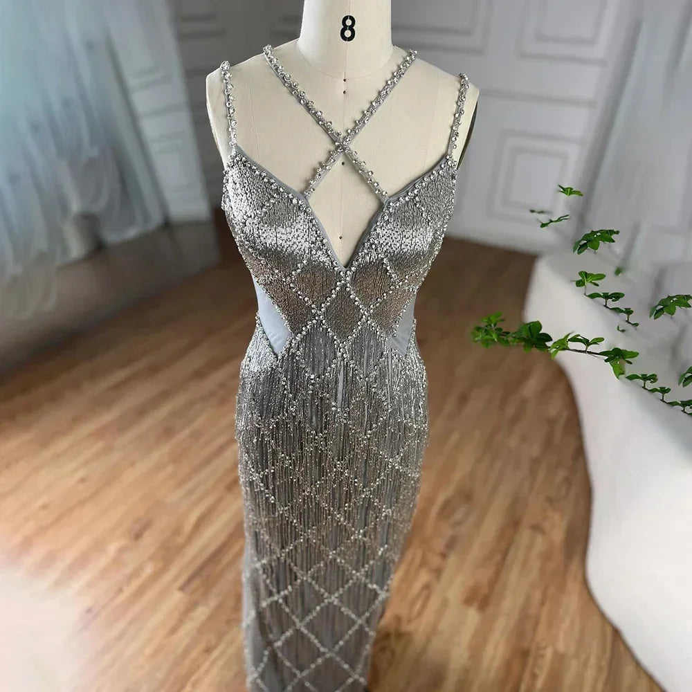 Custom Silver Mermaid Evening Gown With Beaded Tassel Trim