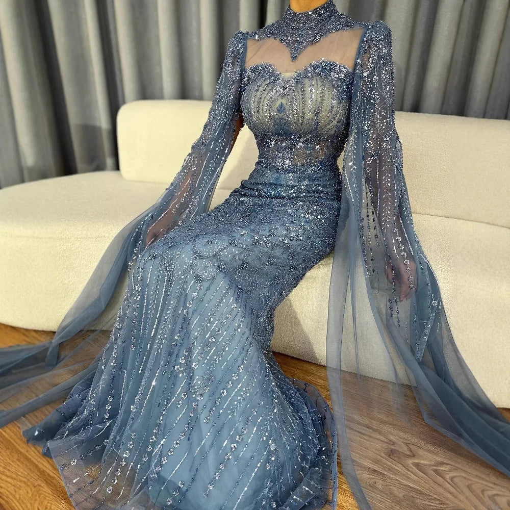 Luxury  Modest Blue Mermaid Evening Dress with Cape LA73006