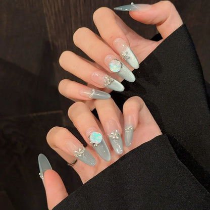 10 uñas postizas de color sólido hechas a mano, estilo francés, verde claro, suaves, largas, almendradas, brillantes, de verano. 